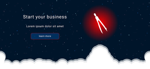 Business startup concept Landing page screen. The compass divider on the right is highlighted in bright red. Vector illustration on dark blue background with stars and curly clouds from below