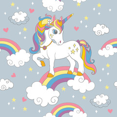 Seamless vector pattern with cute unicorn standing on a rainbow