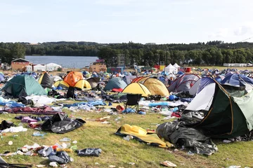 Deurstickers Field and tent village after a rock festival in Skanderborg, Denmark © Ricochet64