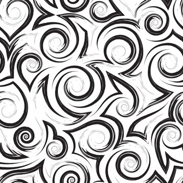 Vector monochrome geometric seamless pattern of flowing spirals curls and corners.Vector black and white geometric seamless texture of smooth and broken lines.Stylized pattern of water flow or waves.