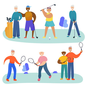 Older Men And Grandmothers Play Golf And Tennis. Friends Of Different Nationalities Spend Time Together.