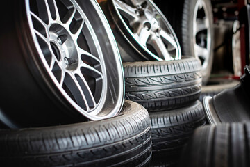 Tires and car wheel in used are good condition in garage for sale.