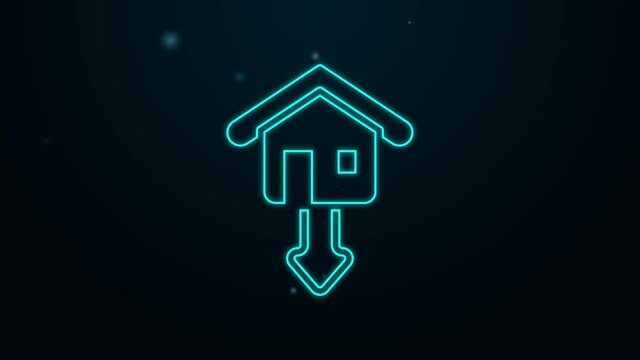 Glowing neon line Property and housing market collapse icon isolated on black background. Falling property prices. Real estate stock risk or economic recession. 4K Video motion graphic animation