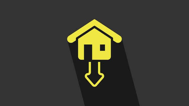 Yellow Property and housing market collapse icon isolated on grey background. Falling property prices. Real estate stock risk or economic recession. 4K Video motion graphic animation