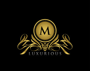 Luxury Gold Boutique M Letter Logo. Classic Golden floral badge design  for Royalty, Letter Stamp, Boutique,  Hotel, Heraldic, Jewelry, Wedding.
