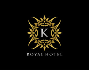 Luxury Elegant Gold Badge Letter K Logo. Golden floral badge design  for Royalty, Letter Stamp, Boutique,  Hotel, Heraldic, Jewelry, Wedding.