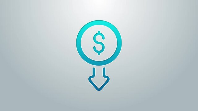 Blue line Dollar rate decrease icon isolated on grey background. Cost reduction. Money symbol with down arrow. Business lost crisis decrease. 4K Video motion graphic animation