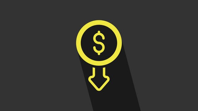 Yellow Dollar rate decrease icon isolated on grey background. Cost reduction. Money symbol with down arrow. Business lost crisis decrease. 4K Video motion graphic animation