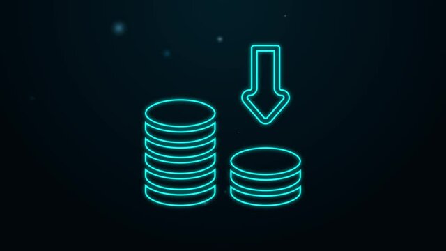 Glowing neon line Dollar rate decrease icon isolated on black background. Cost reduction. Money symbol with down arrow. Business lost crisis decrease. 4K Video motion graphic animation