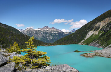 Fototapeta na wymiar A beautiful glacial lake in Canada. The turquoise Joffre Lake is surrounded by the Rainforest. Mountain peaks in the background. Joffre Lakes Provincial Park. British Columbia, Canada.
