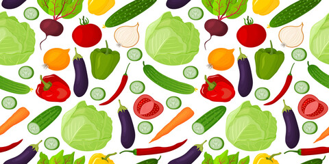 Vector seamless pattern of vegetables drawn in cartoon style. For restaurant menus, packaging, and so on.