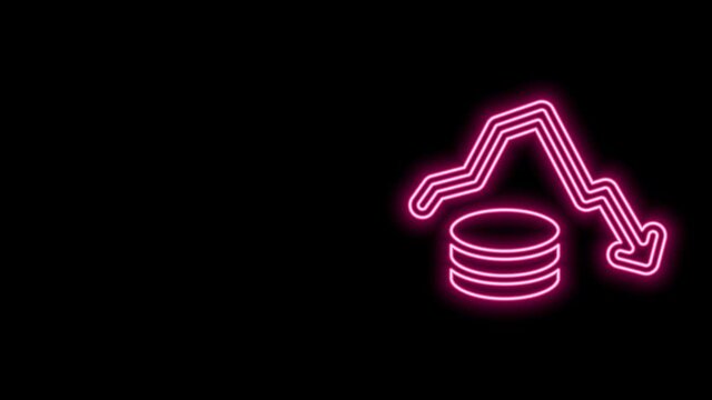 Glowing neon line Dollar rate decrease icon isolated on black background. Cost reduction. Money symbol with down arrow. Business lost crisis decrease. 4K Video motion graphic animation