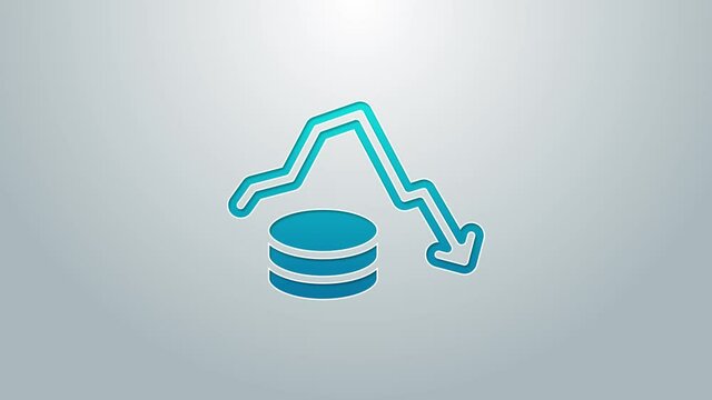 Blue line Dollar rate decrease icon isolated on grey background. Cost reduction. Money symbol with down arrow. Business lost crisis decrease. 4K Video motion graphic animation