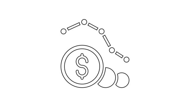 Black line Dollar rate decrease icon isolated on white background. Cost reduction. Money symbol with down arrow. Business lost crisis decrease. 4K Video motion graphic animation