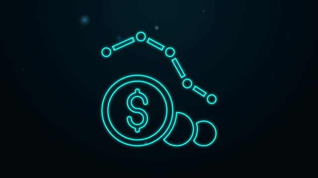 Glowing neon line Dollar rate decrease icon isolated on black background. Cost reduction. Money symbol with down arrow. Business lost crisis decrease. 4K Video motion graphic animation