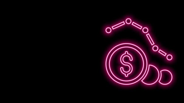 Glowing neon line Dollar rate decrease icon isolated on black background. Cost reduction. Money symbol with down arrow. Business lost crisis decrease. 4K Video motion graphic animation