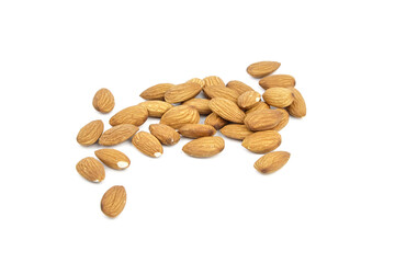 Almond nuts isolated on white background. Heap of scattered almonds