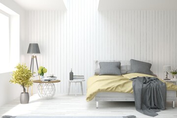Soft color bedroom interior. Scandinavian design. 3D illustration