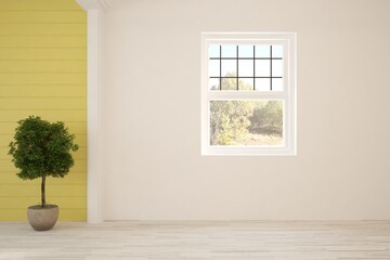 Stylish empty room in white color with autumn landscape in window. Scandinavian interior design. 3D illustration
