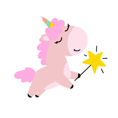 Cute pink unicorn with magic wand on white isolated background. Vector clip art in cartoon hand drawn style
