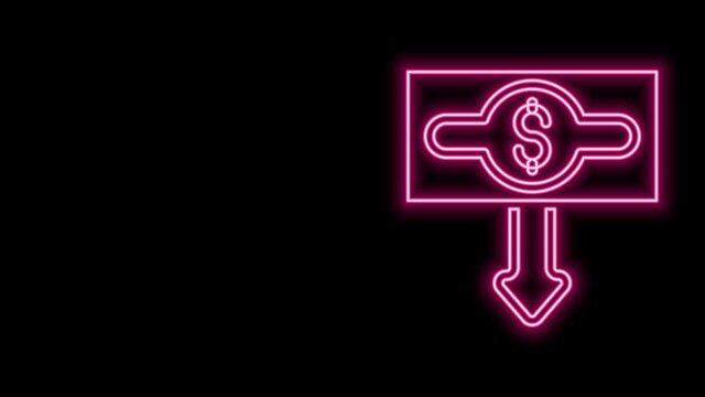 Glowing neon line Dollar rate decrease icon isolated on black background. Cost reduction. Money symbol with down arrow. Business lost crisis decrease. 4K Video motion graphic animation