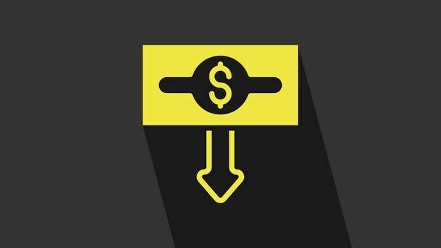 Yellow Dollar rate decrease icon isolated on grey background. Cost reduction. Money symbol with down arrow. Business lost crisis decrease. 4K Video motion graphic animation