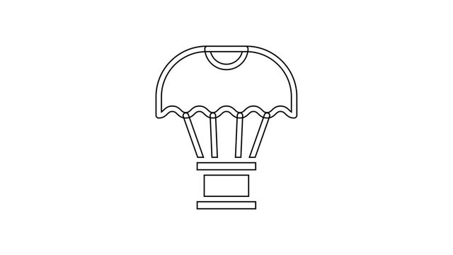 Black line Box flying on parachute icon isolated on white background. Parcel with parachute for shipping. Delivery service, air shipping. 4K Video motion graphic animation