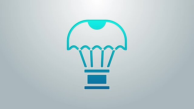 Blue line Box flying on parachute icon isolated on grey background. Parcel with parachute for shipping. Delivery service, air shipping. 4K Video motion graphic animation