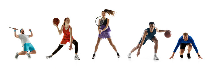 Sport collage. Tennis, basketball, running men and women in motion