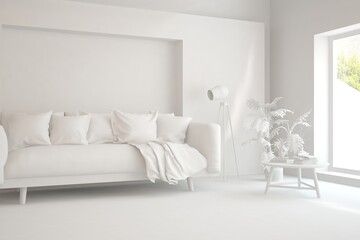 White minimalist living room with sofa. Scandinavian interior design. 3D illustration