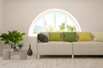 White living room with sofa and summer landscape in window. Scandinavian interior design. 3D illustration