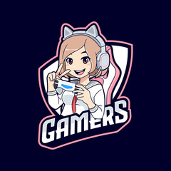 Cute gamer anime girl wearing Japanese school uniform esport logo template