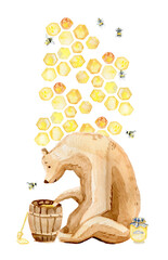 Bear and honey, bees and honeycomb watercolor design T-shirts for the fair