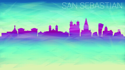 San Sebastian Spain Skyline City Silhouette. Broken Glass Abstract Geometric Dynamic Textured. Banner Background. Colorful Shape Composition.