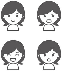 女性のいろいろな表情　アイコンセット　モノクロ