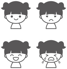 女の子のいろいろな表情　アイコンセット　モノクロ