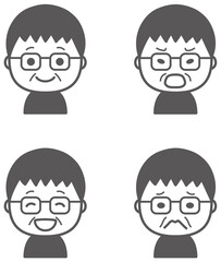 おじいちゃんのいろいろな表情　アイコンセット　モノクロ