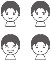 男性のいろいろな表情　アイコンセット　モノクロ