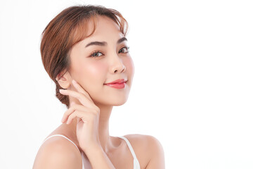 Beautiful young asian woman with clean fresh skin on white background, Face care, Facial treatment, Cosmetology, beauty and spa, Asian women portrait.