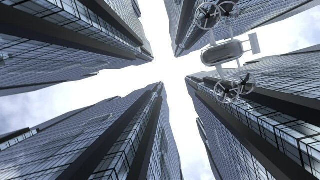Passenger drone flying between skyscrapers in business district, view from below - 3D 4k animation (3840x2160 px).