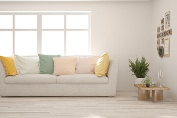 Soft color living room with sofa. Scandinavian interior design. 3D illustration