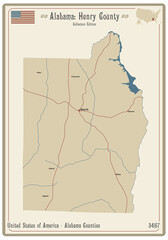 Map on an old playing card of Henry county in Alabama, USA.