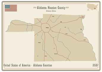 Map on an old playing card of Houston county in Alabama, USA.