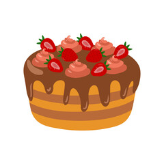 Sweet delicious cake. Cartoon style hand drawn vector illustration.Cake with cream, berries, fruits. For greeting cards, restaurants and bakery menus.
