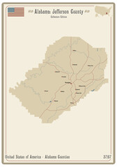 Map on an old playing card of Jefferson county in Alabama, USA.