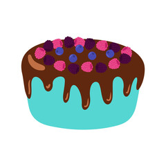 Sweet delicious cake. Cartoon style hand drawn vector illustration.Cake with cream, berries, fruits. For greeting cards, restaurants and bakery menus.