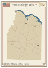 Map on an old playing card of Lawrence county in Alabama, USA.