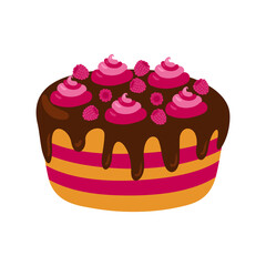 Sweet delicious cake. Cartoon style hand drawn vector illustration.Cake with cream, berries, fruits. For greeting cards, restaurants and bakery menus.
