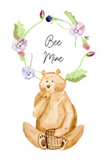 Postcard design for T-shirts and posters of bees, bear, flowers pans eyes watercolor by hand be mine
