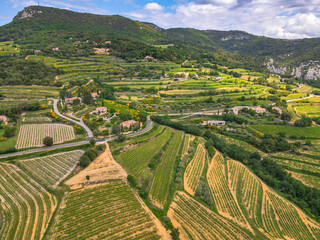 Fototapeta na wymiar Aerial panoramic view of the vineyard in the Côtes du Rhône at the base of the Mont Ventoux beside les Dentelles de Montmirail